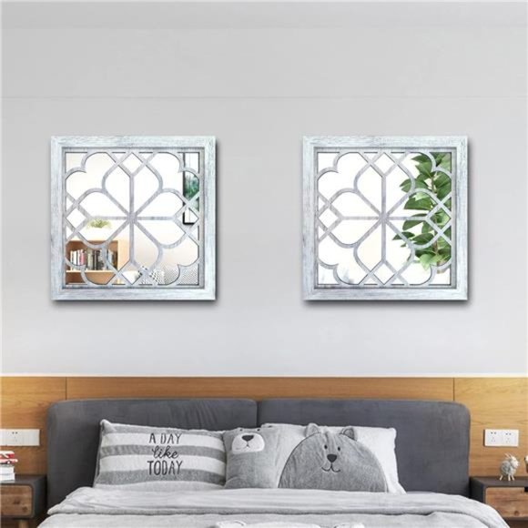 2 PCS Square  Wall Mirror,Gorgeous Rustic Farmhouse Accent Mirror,Rustic White - Picture 3 of 5